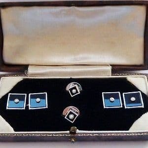 Antique Art Deco 9ct Solid White Gold Pearl & Onyx Cufflinks / Dress Set Cased