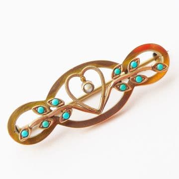 Antique Art Nouveau 9ct Gold Heart Brooch Set With Turquoise Beads & Seed Pearl c.1900