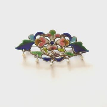 Antique Chinese Export Silver and Enamel Brooch Set with Pearls C. 1900