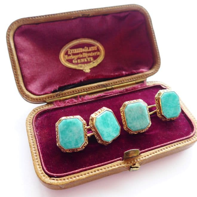 Art Deco 14CT Gold Cufflinks with Green Amazonite 14K in Swiss Leather Case C.1930