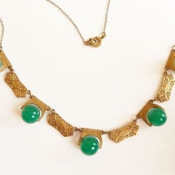 Art Deco 1930's Brass & Green Glass Necklace Hollywood China Influence