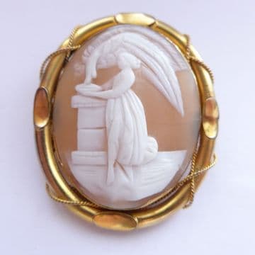 Large Antique Pinchbeck Shell Cameo Brooch Hebe Feeding Zeus' Eagle Late 1800's