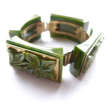 Rare French Art Deco Spinach Green Bakelite Hinged Bracelet Heavy 76g