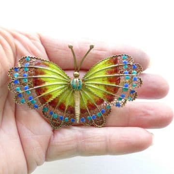 Silver Gilt and Enamel Butterfly Brooch Huge Vintage Chinese Export - 2 1/2" +