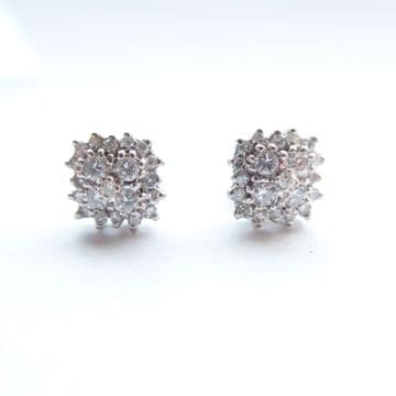 SOLD 18ct White Gold & Diamond Square Cluster Earrings - Approx 1 CT Diamond Weight