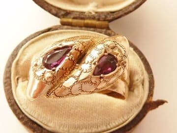 SOLD ANTIQUE 9CT ROSE GOLD DOUBLE HEADED SNAKE RING SET AMETHYSTS BIRMINGHAM 1915 UK SIZE  T
