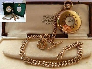 SOLD ANTIQUE 9CT SOLID GOLD POCKET WATCH HALF HUNTER & SOLID 9CT GOLD ALBERT & FOB