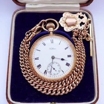 SOLD ANTIQUE 9CT SOLID ROSE GOLD POCKET WATCH 9CT SOLID GOLD DOUBLE ALBERT, FOB & BOX