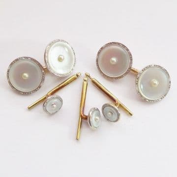 SOLD Antique Art Deco 14ct White & Yellow Gold, Platinum & Pearl MOP Cufflinks Dress Set Boxed