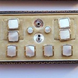 SOLD ANTIQUE ART DECO 14CT YELLOW GOLD BORDER & SOLID SILVER CUFFLINK DRESS SET BOXED