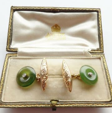 SOLD Antique Art Deco Jade, Gold & Diamond Cufflinks in Asprey Box C.1930's - Wedding