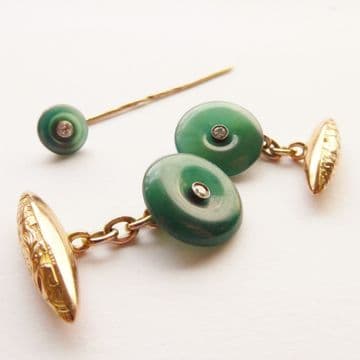 SOLD Antique Art Deco Jade, Gold & Diamond Cufflinks & Tie Pin in Mappin & Web Box  SOLD