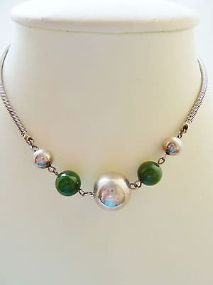 SOLD Antique Art Deco Period Silver 835 & Green Chalcedony German Necklace Stamped