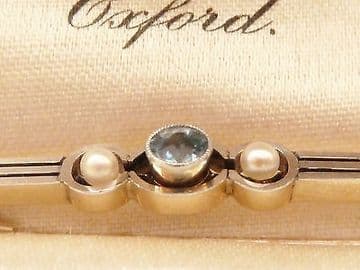 SOLD Antique Art Deco Platinum Topped 18ct Gold Brooch Set with Aquamarine & Pearls
