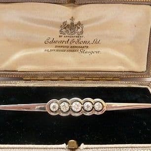 SOLD Antique Art Deco Platinum Topped 18ct Gold & Diamond Brooch C.1920 & Fitted Case
