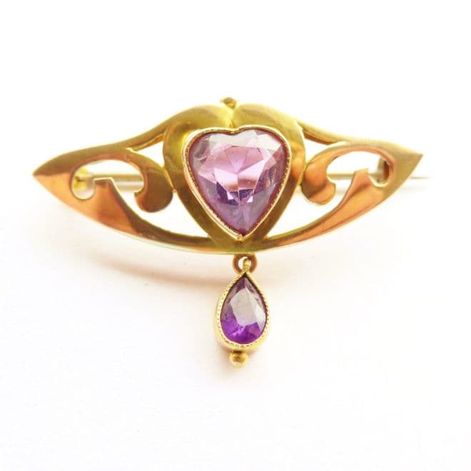 SOLD Antique Art Nouveau 9ct Gold & Amethyst Romantic Heart Brooch C1900 Purple Heart