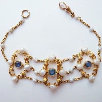 SOLD Antique Art Nouveau Belle Epoque 14k Sapphire & Natural Pearl Bracelet By Ciner & Seeleman