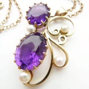 SOLD ANTIQUE ART NOUVEAU LARGE HEAVY QUALITY 9CT GOLD  PENDANT WITH AMETHYSTS PEARLS