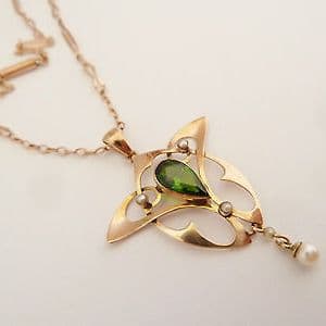 SOLD ANTIQUE ART NOUVEAU PENDANT NECKLACE 9CT GOLD SET WITH GREEN STONE & PEARLS