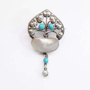 SOLD Antique Art Nouveau Silver Turquoise Blister Pearl Brooch Arts & Crafts 1890's