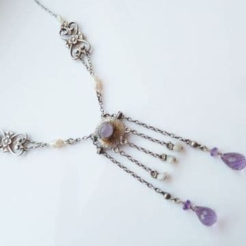 SOLD Antique Arts & Crafts Glasgow Style Necklace Amethyst Pearl Silver C.1900
