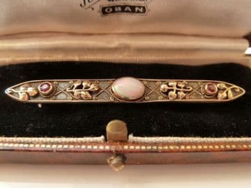 SOLD ANTIQUE ARTS & CRAFTS MIXED METAL GOLD / SILVER BROOCH SET WITH OPAL & RUBIES