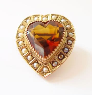 SOLD Antique Arts & Crafts Period Heart Brooch/Pendant 9ct Gold Citrine & Seed Pearls