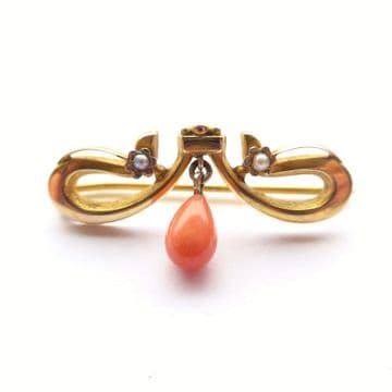 SOLD Antique Belle Epoque 9ct Gold Pearl & Coral Drop Brooch Chester 1907 Rolason Br