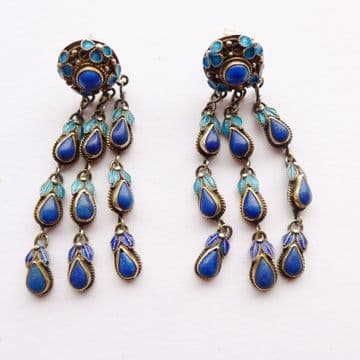 SOLD Antique Chinese Export Silver Blue Enamel Lapis 2" Waterfall Earrings 1930's