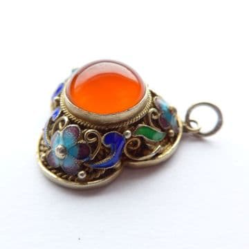 SOLD Antique Chinese Export Silver Gilt Enamel and Carnelian Pendant 1930's