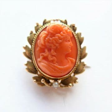 SOLD Antique Gold and Coral Cameo Brooch 15ct Gold Set With Pearl 2.5cm