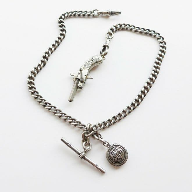 SOLD Antique Solid Silver Watch Albert Chain & Miniature Gun Chinese Fob 1907