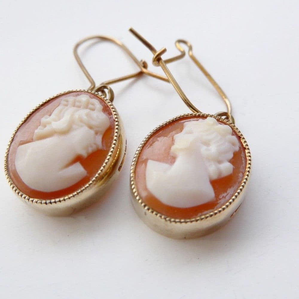 SOLD Vintage 9ct Gold Real Cameo Earrings - Dangle Cameo Earrings Shell ...