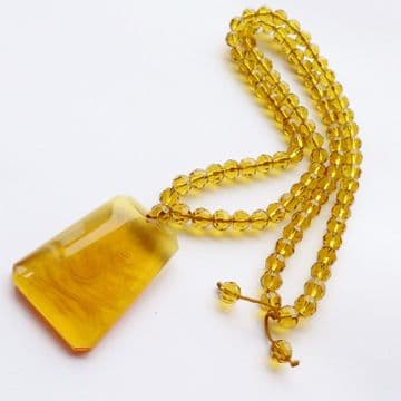 Stunning Art Deco Carved Amber Glass Dragon Crystal Necklace Pendant C.1930's