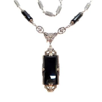 Stunning Art Deco Period Necklace Silver & Black Onyx Marcasite - C.1930 Quality