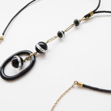 Stunning Period Art Deco Onyx Rock Crystal Silk & 14ct Gold Necklace / Sautoir