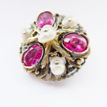 Stunning Vintage Austro Hungarian Silver Gilt Brooch Set With Rubies & Pearls