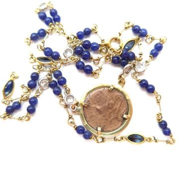 Unusual Religious Necklace Diamond Sapphire 18ct with Joan of Arc / Madonna